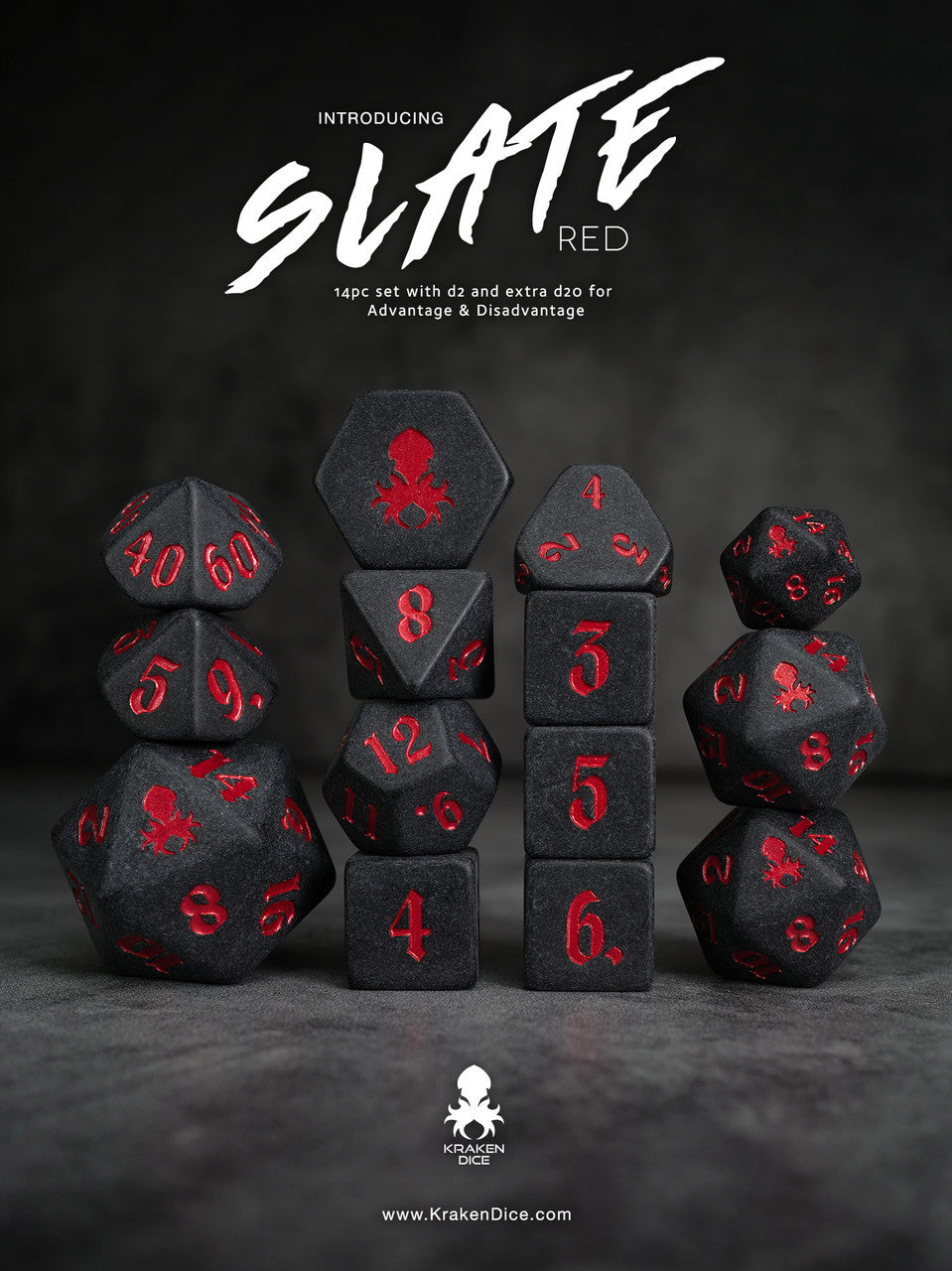 Slate: Red 14pc TTRPG Red Ink Matte Dice Set
